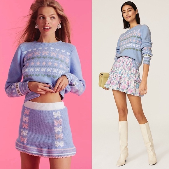 LOVESHACKFANCY 90s Pastel Heart Bow Fair Isle Knit Pullover Cropped Sweater XL - Picture 1 of 16